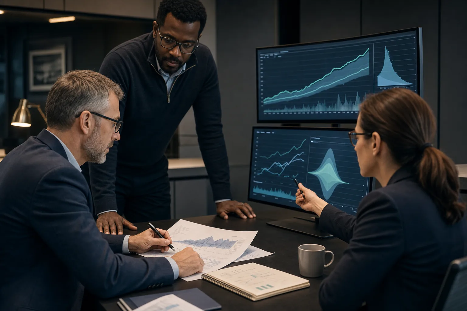 Risk and finance leaders reviewing predictive scenarios together