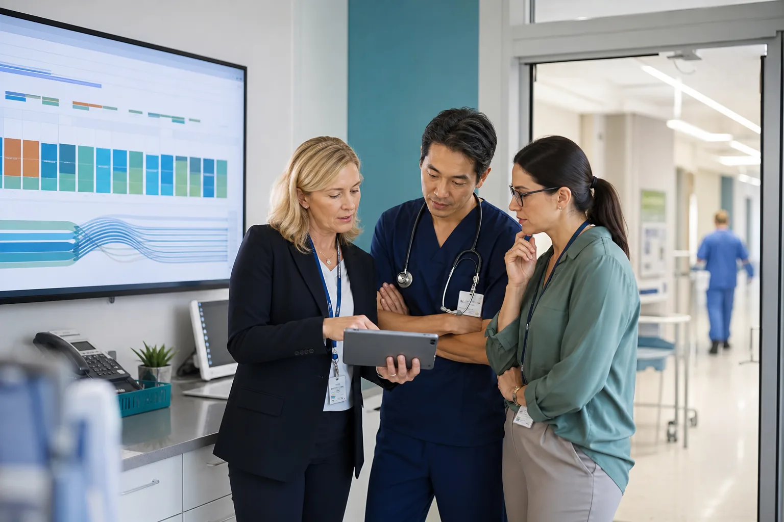 Healthcare operations and clinical staff reviewing a digital workflow